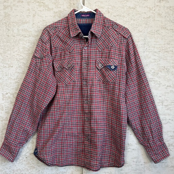 VTG Two Stoned Red Plaid Flannel Button Up Shirt Sz L Denim Elbow Patches Trim - Picture 1 of 15